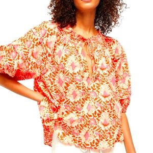 Free People Willow cotton floral smocked peasant top medium orange & pink boho